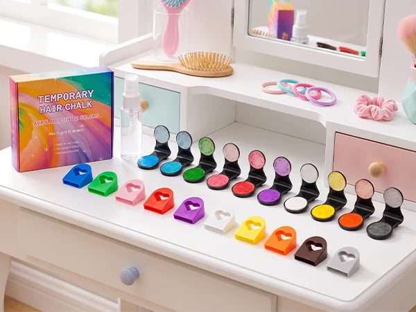 Hair chalk kit displayed with colorful applicators