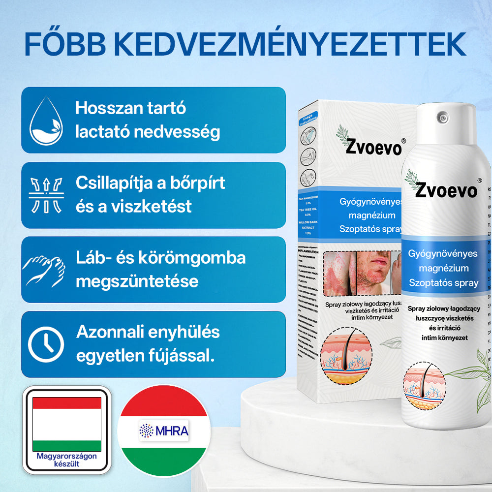 Hivatalos bolt: Zvoevo® Magnéziumos gyógynövényes spray pikkelysömörre ⚕️ MHRA tanúsítvánnyal (enyhíti a pikkelysömört, ekcémát, kezeli pattanásokat, szemölcsöket, javítja bakteriális fertőzéseket)