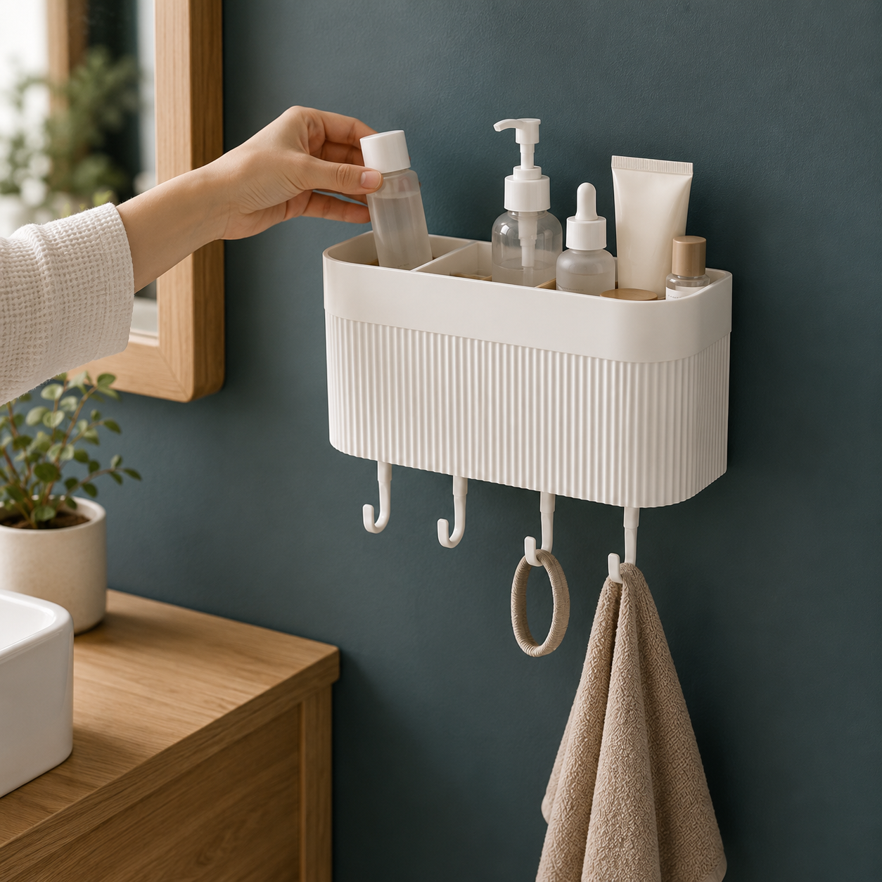 Wall-Mounted Bathroom Organizer with Hooks