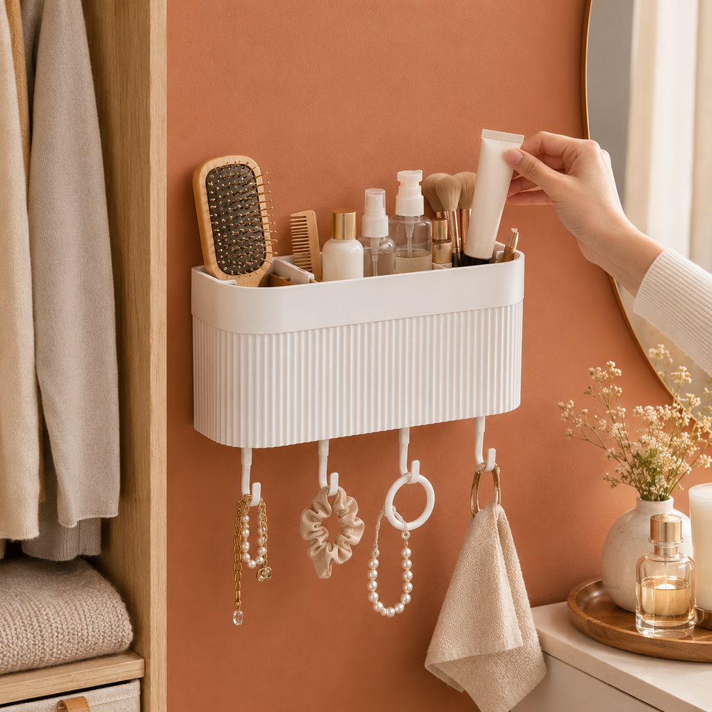 Wall-Mounted Bathroom Organizer with Hooks