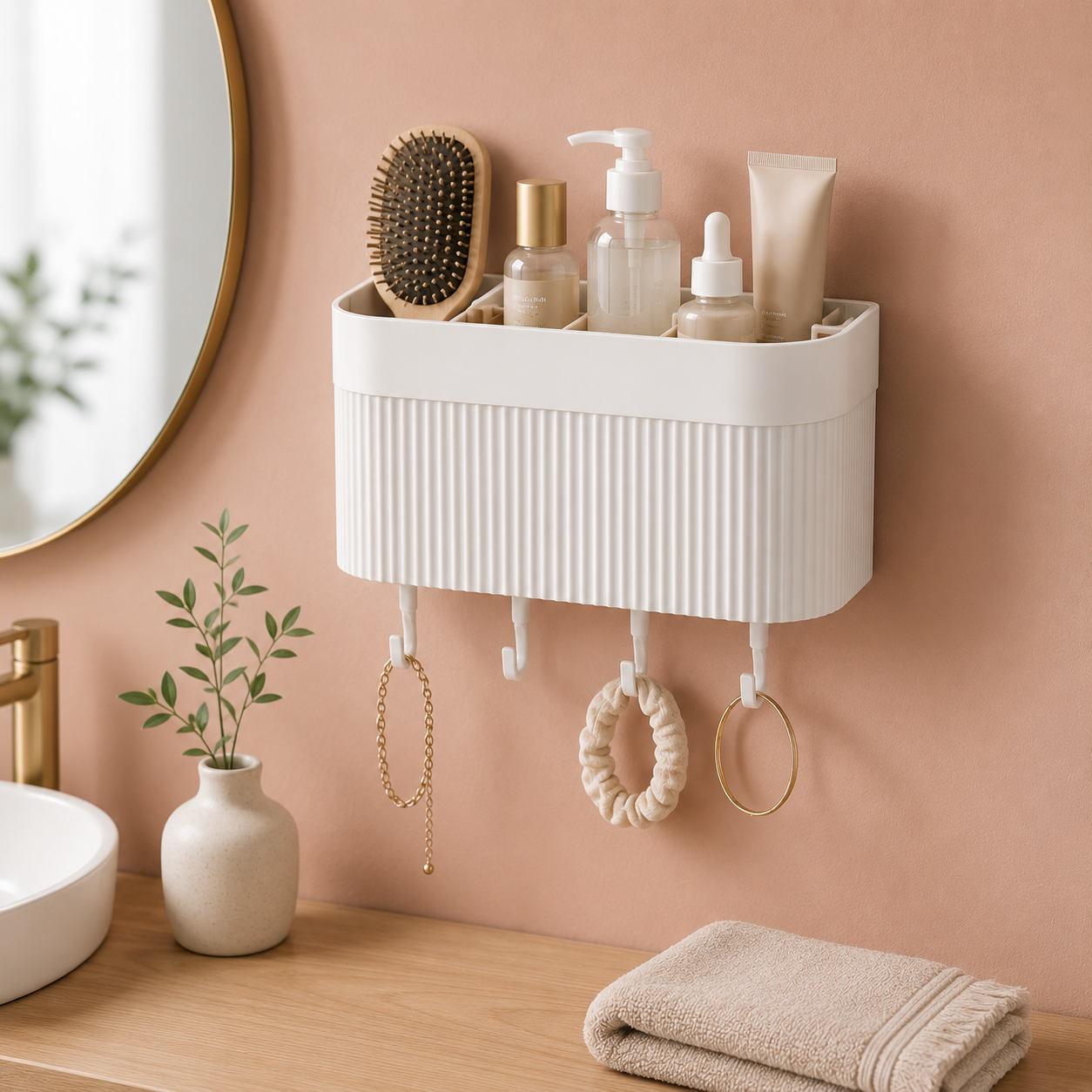 Wall-Mounted Bathroom Organizer with Hooks