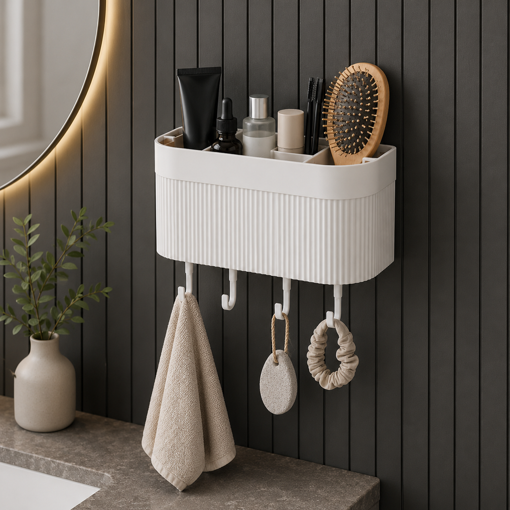 Wall-Mounted Bathroom Organizer with Hooks