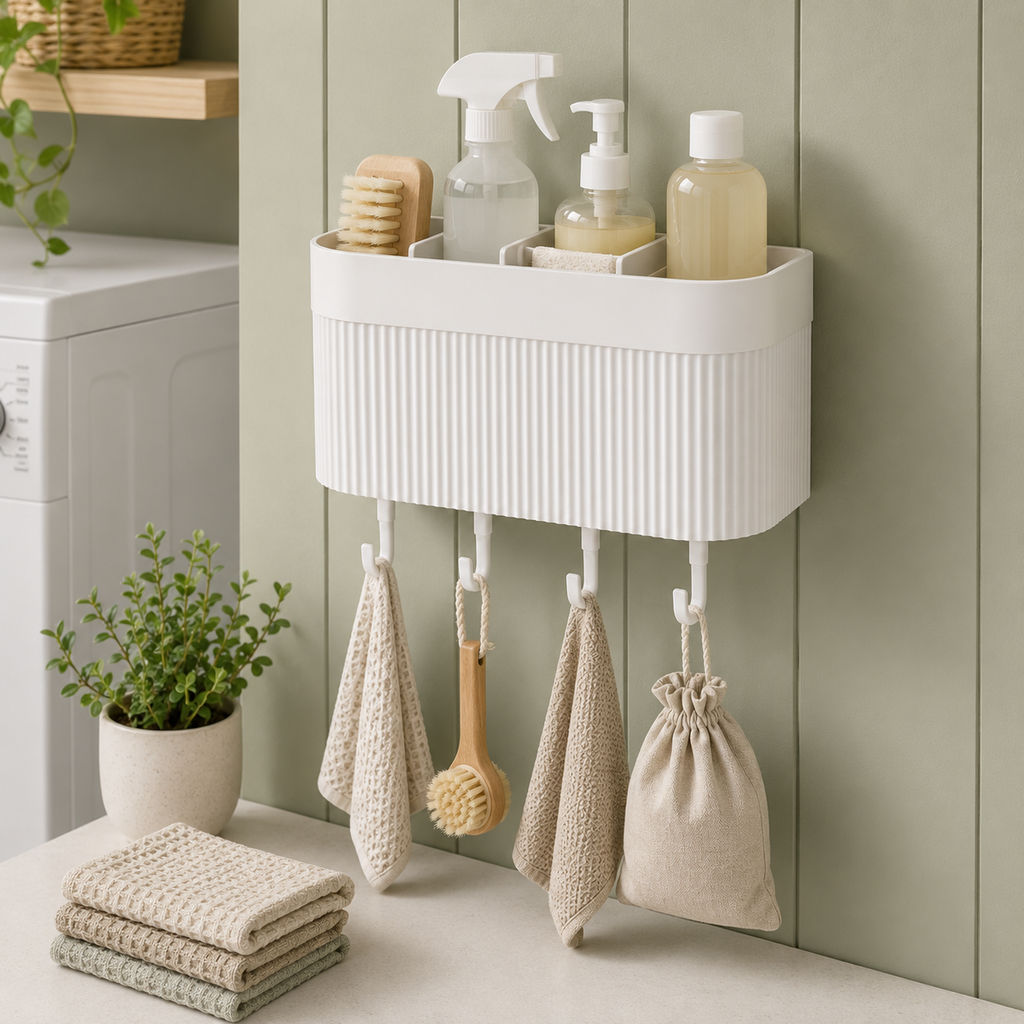 Wall-Mounted Bathroom Organizer with Hooks