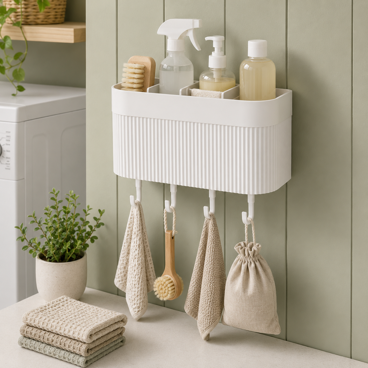 Wall-Mounted Bathroom Organizer with Hooks