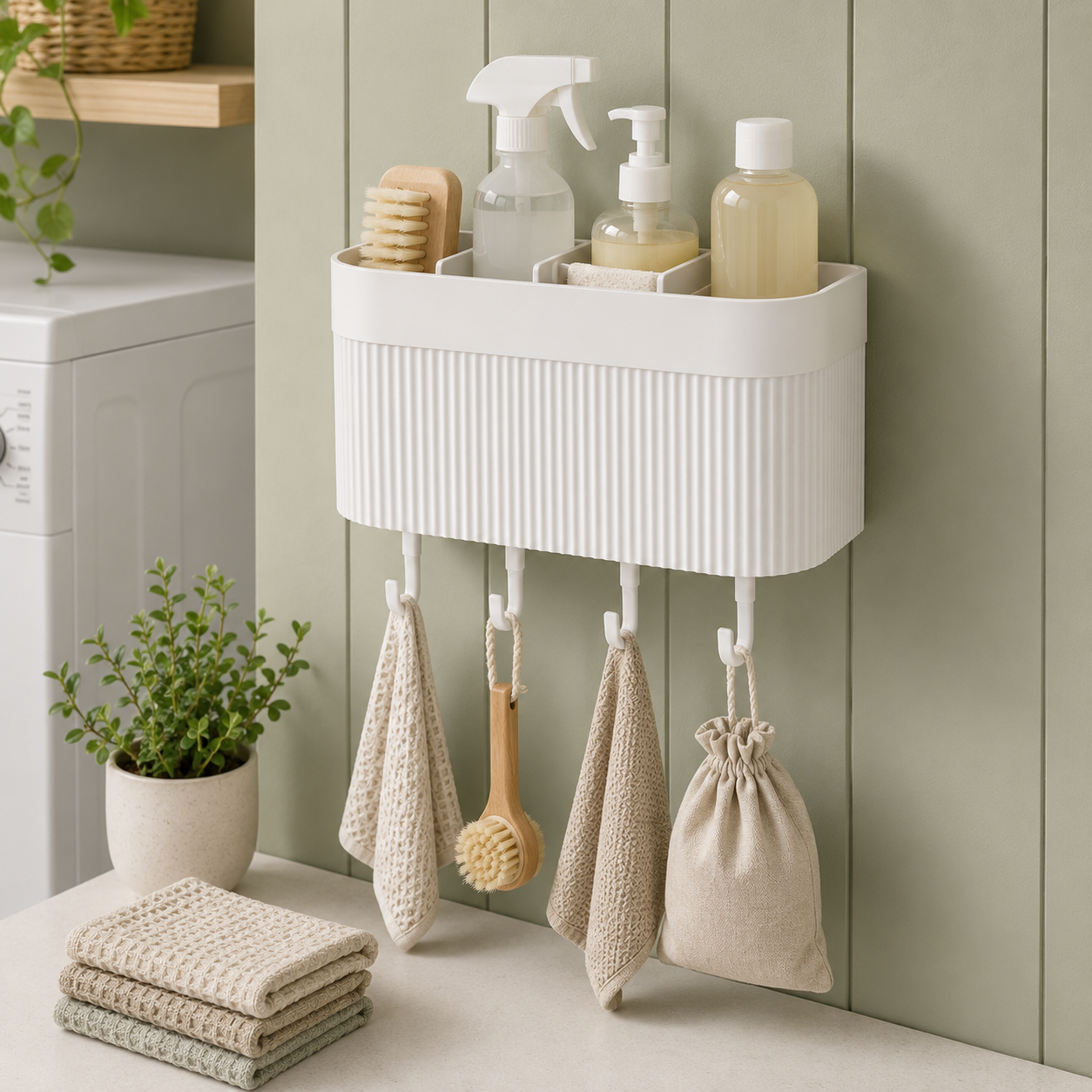 Wall-Mounted Bathroom Organizer with Hooks