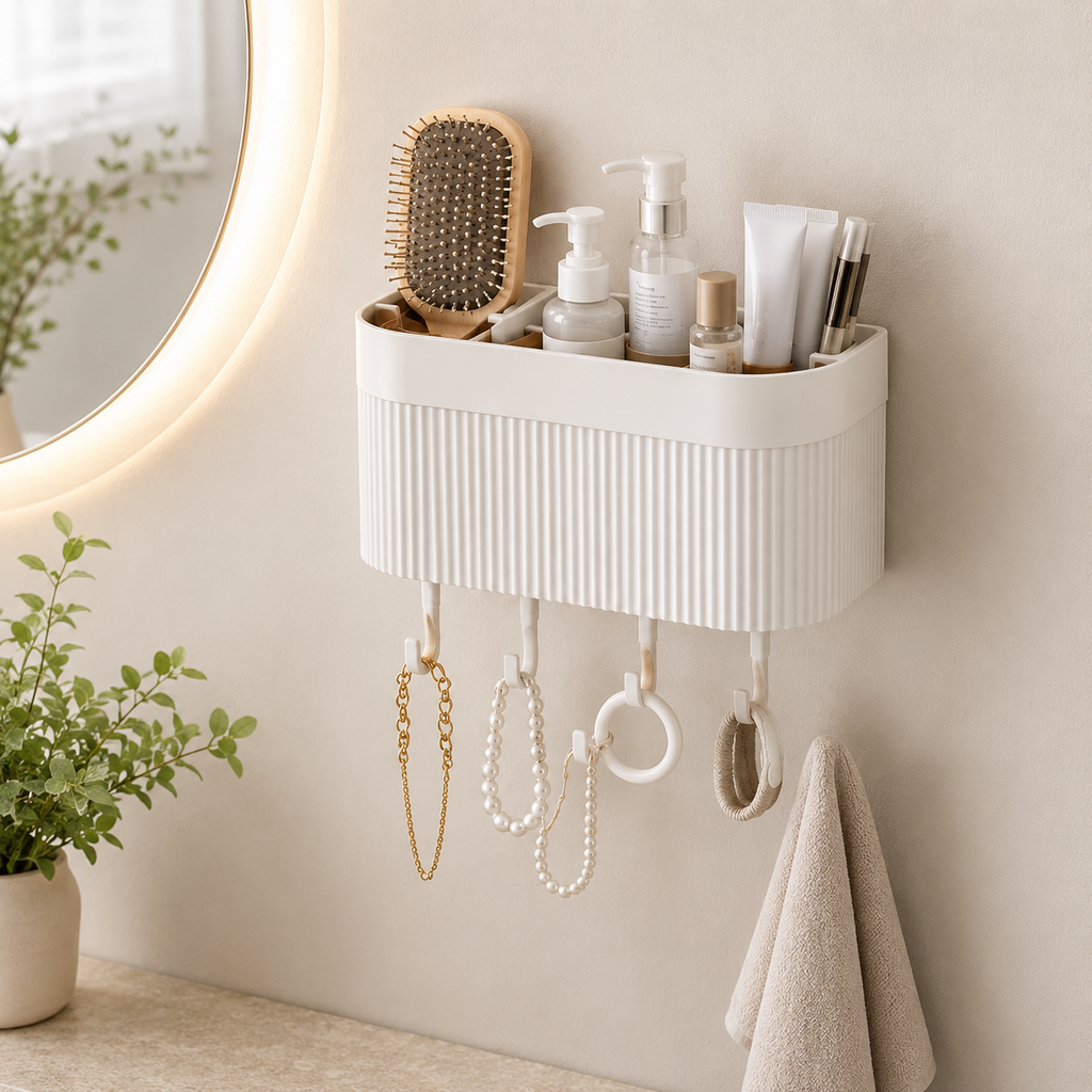 Wall-Mounted Bathroom Organizer with Hooks