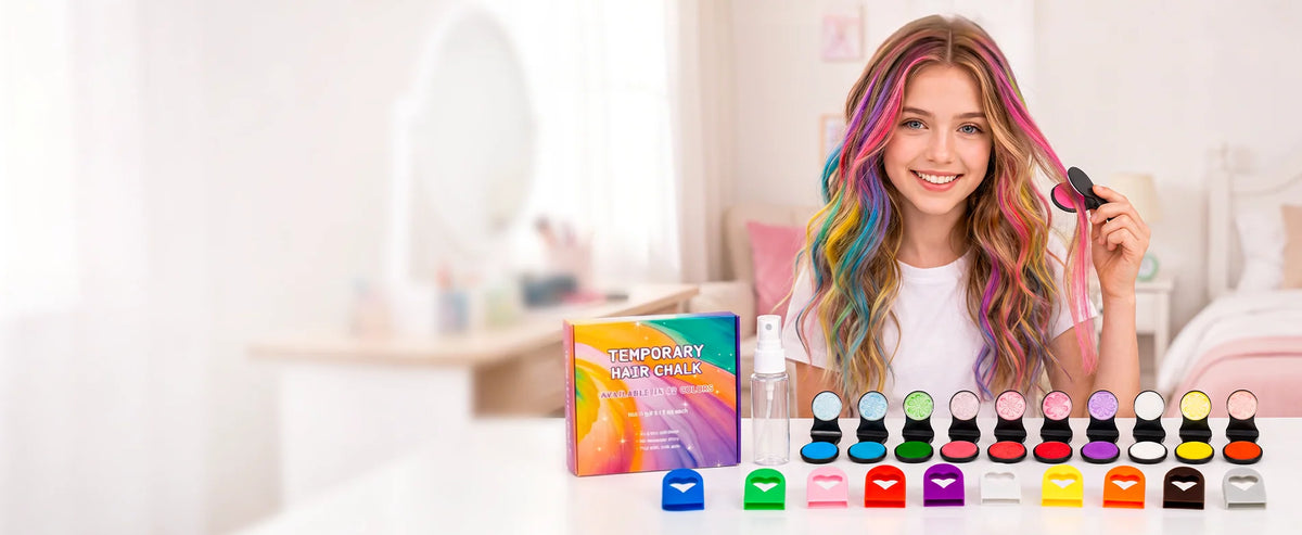12-color hair chalk set with colorful hair