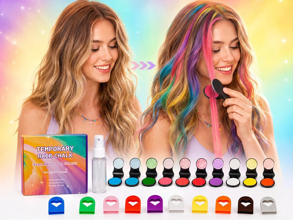 Hair chalk kit with before and after color example